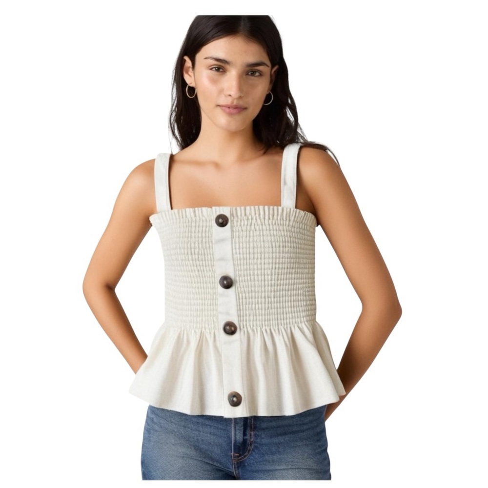 Socialite Cream Linen Peplum Button-Down Smocked Sleeveless Tank Top Size Medium - Picture 4 of 14